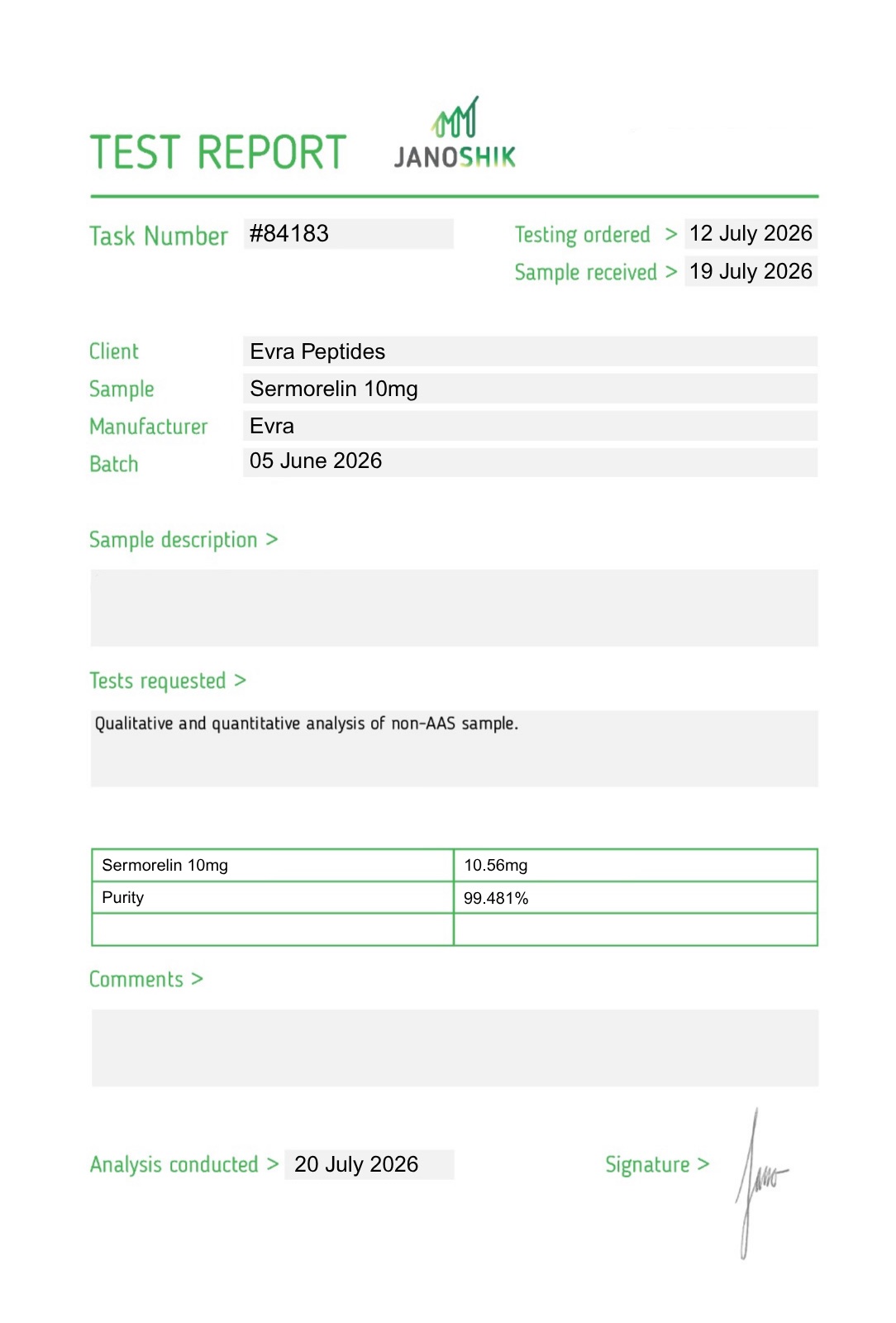 Certificate of analysis for Sermorelin 10mg