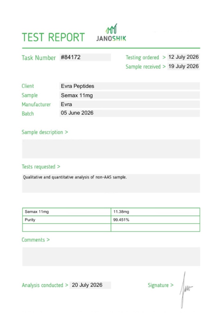 Certificate of analysis for Semax 11mg