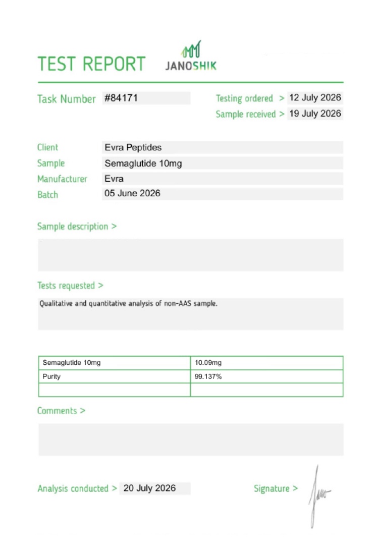 Certificate of analysis for Semaglutide 10mg