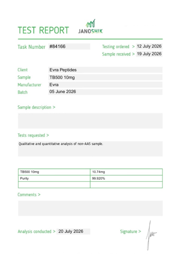 Certificate of analysis for TB500 10mg